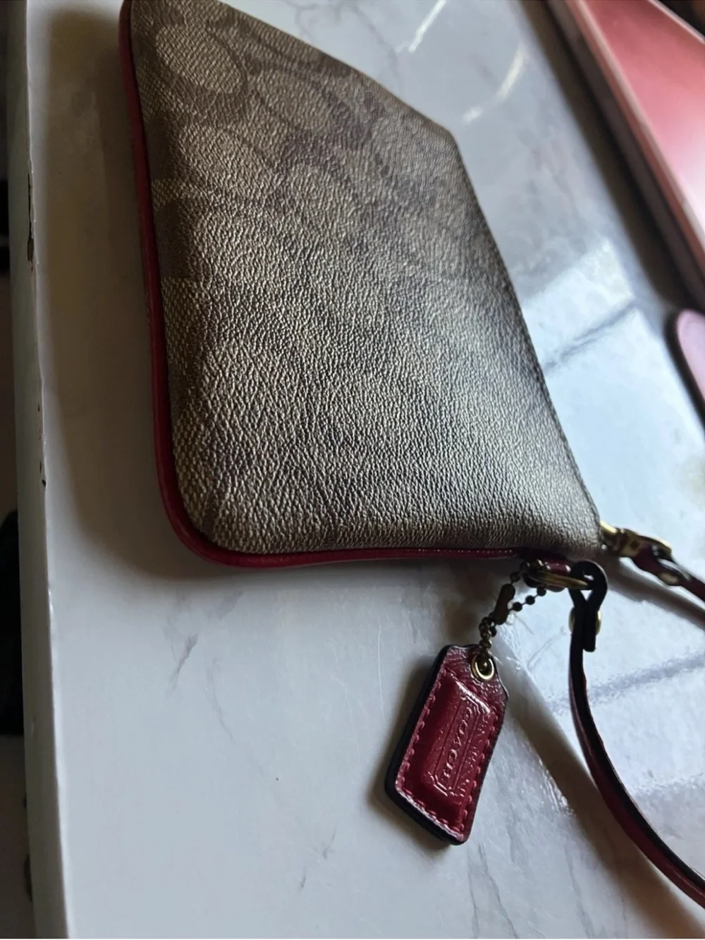 Coach Signature Canvas Wristlet in Khaki with Red Trim